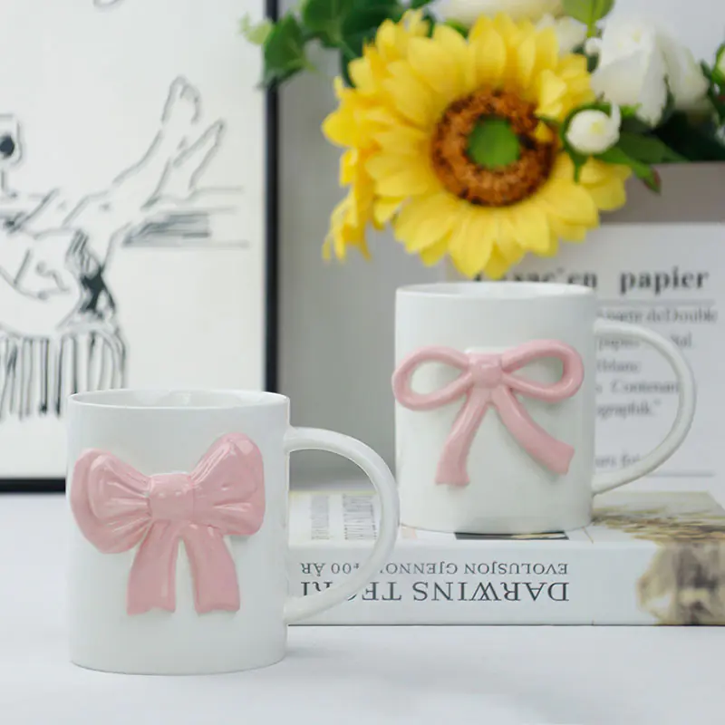 Wholesale Cylinder White Pink Ceramic Bow Mug