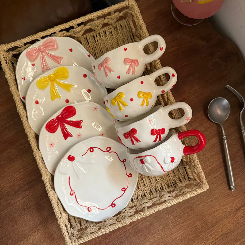 Wholesale Round Ceramic Bow Mug with Saucer - Image 2