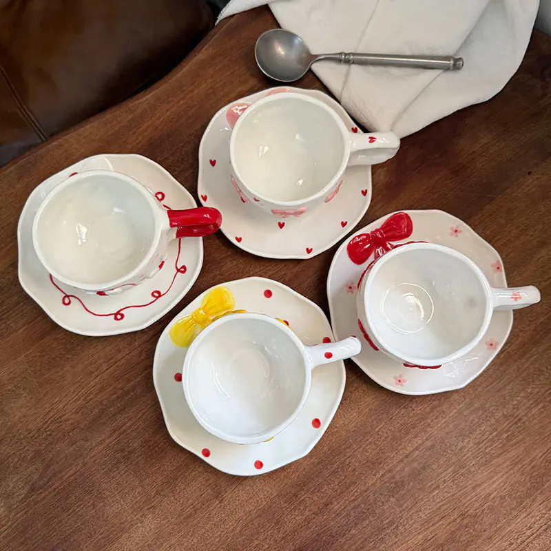 Wholesale Round Ceramic Bow Mug with Saucer - Image 4