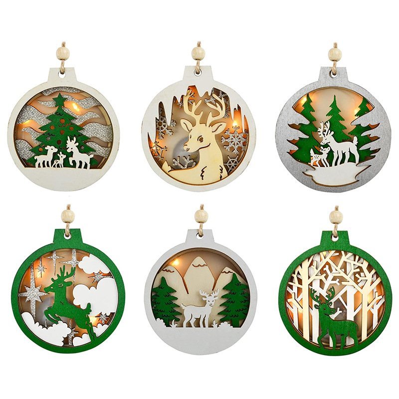 Christmas Vintage Traditional Hanging Wood Ornament Decoration, Christmas Tree Round Vintage Wood Pendant Ornaments