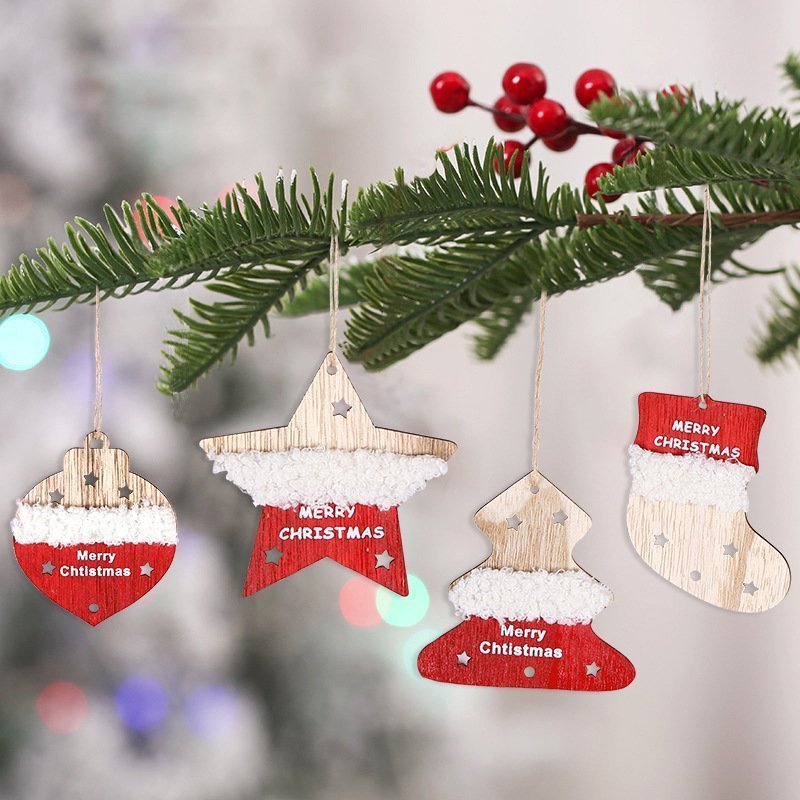 4 modles Christmas Tree Ornaments Wooden Pendants with Holes Pendants with Rope for Christmas Decorations