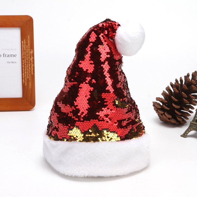Christmas Flip Sequin Santa Hat, Gold, Silver and Green Flashing Flip Sequin Dress-Up Costume, 16″ x 11.5″ Youth Size - Image 2