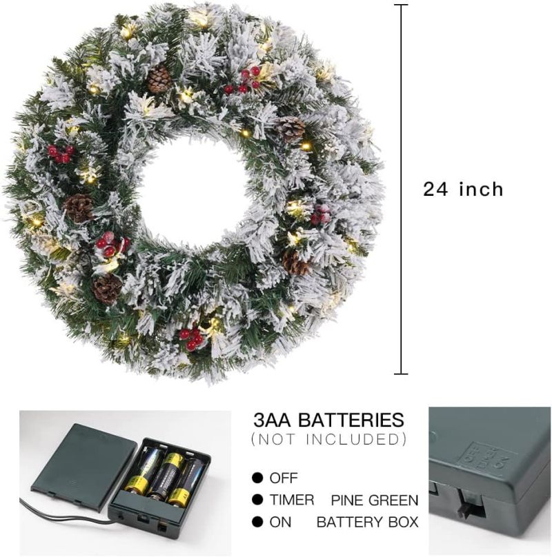 New Arrival 2 FT Prelit Snowy Flocked Christmas Wreaths with Timer - Image 5