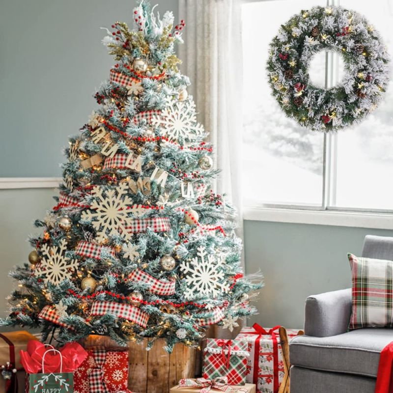 New Arrival 2 FT Prelit Snowy Flocked Christmas Wreaths with Timer - Image 3