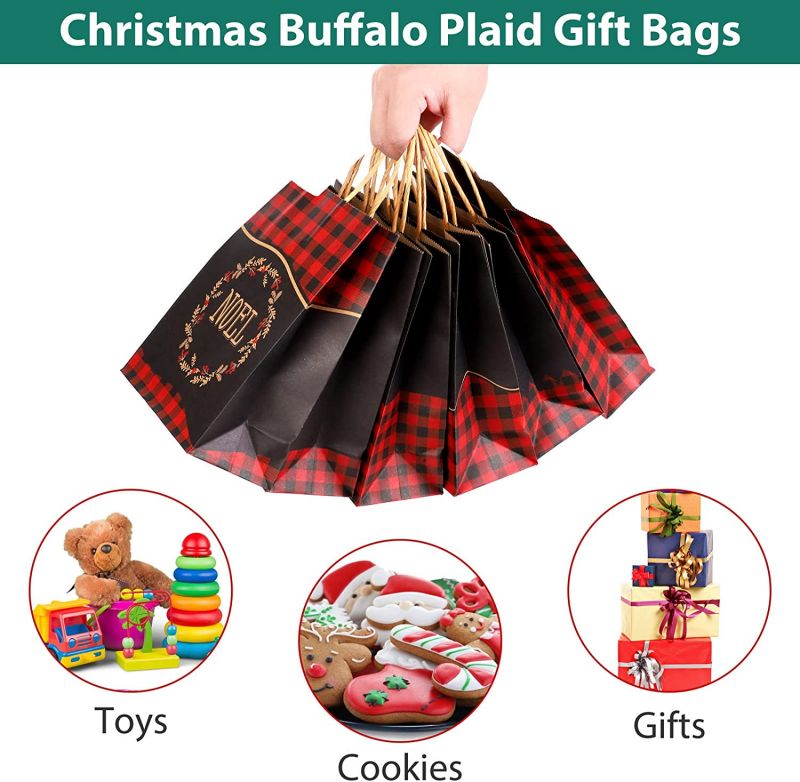 New Arrival 24pcs Kraft Christmas Gift Bags Red and Black Buffalo Plaid - Image 5