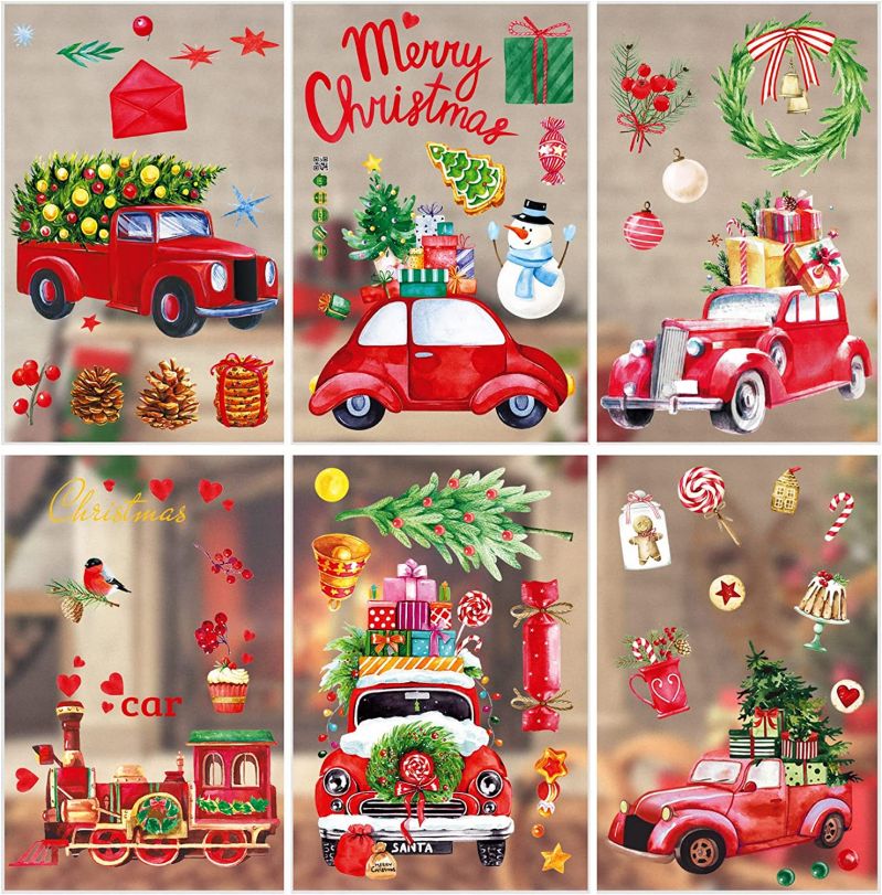 Hot Selling 9 Sheets Christmas Window Clings Red Truck Christmas Window Stickers