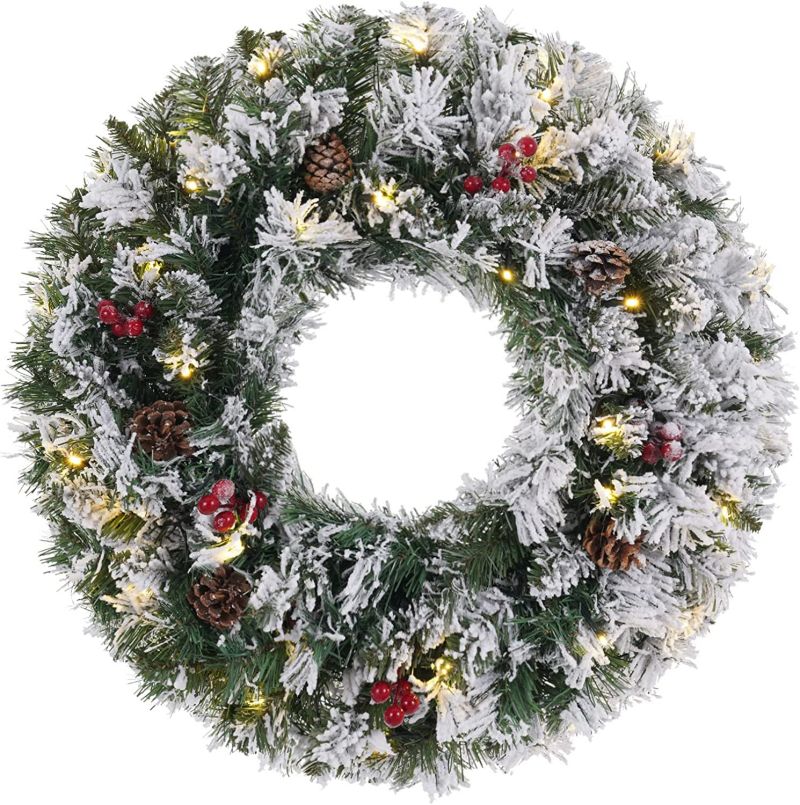 New Arrival 2 FT Prelit Snowy Flocked Christmas Wreaths with Timer