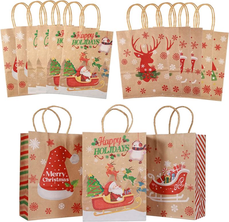 New Arrival 24pcs Kraft Christmas Gift Bags Assortment with Festival Design