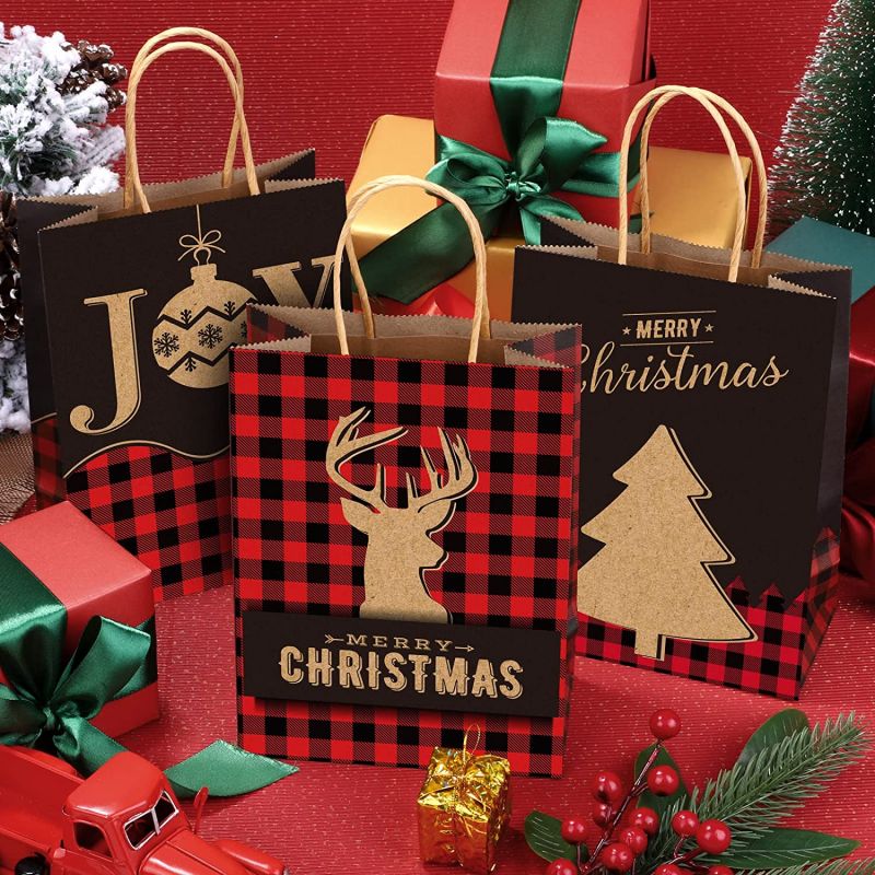 New Arrival 24pcs Kraft Christmas Gift Bags Red and Black Buffalo Plaid - Image 7
