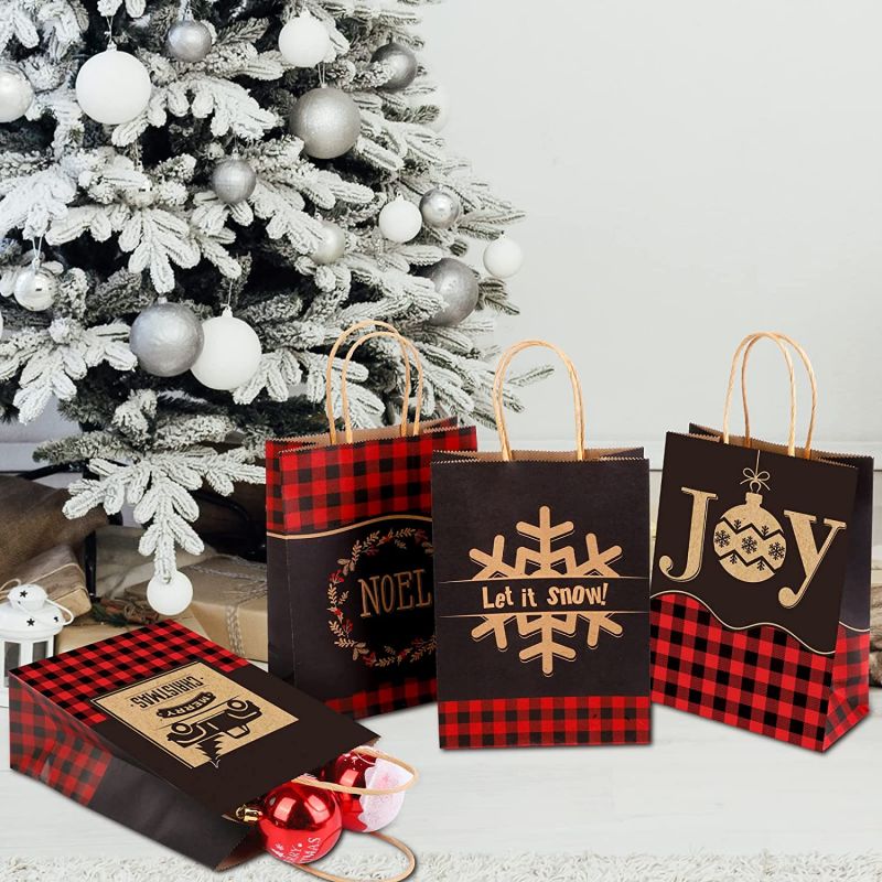 New Arrival 24pcs Kraft Christmas Gift Bags Red and Black Buffalo Plaid - Image 3