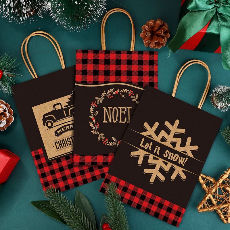 New Arrival 24pcs Kraft Christmas Gift Bags Red and Black Buffalo Plaid - Image 4