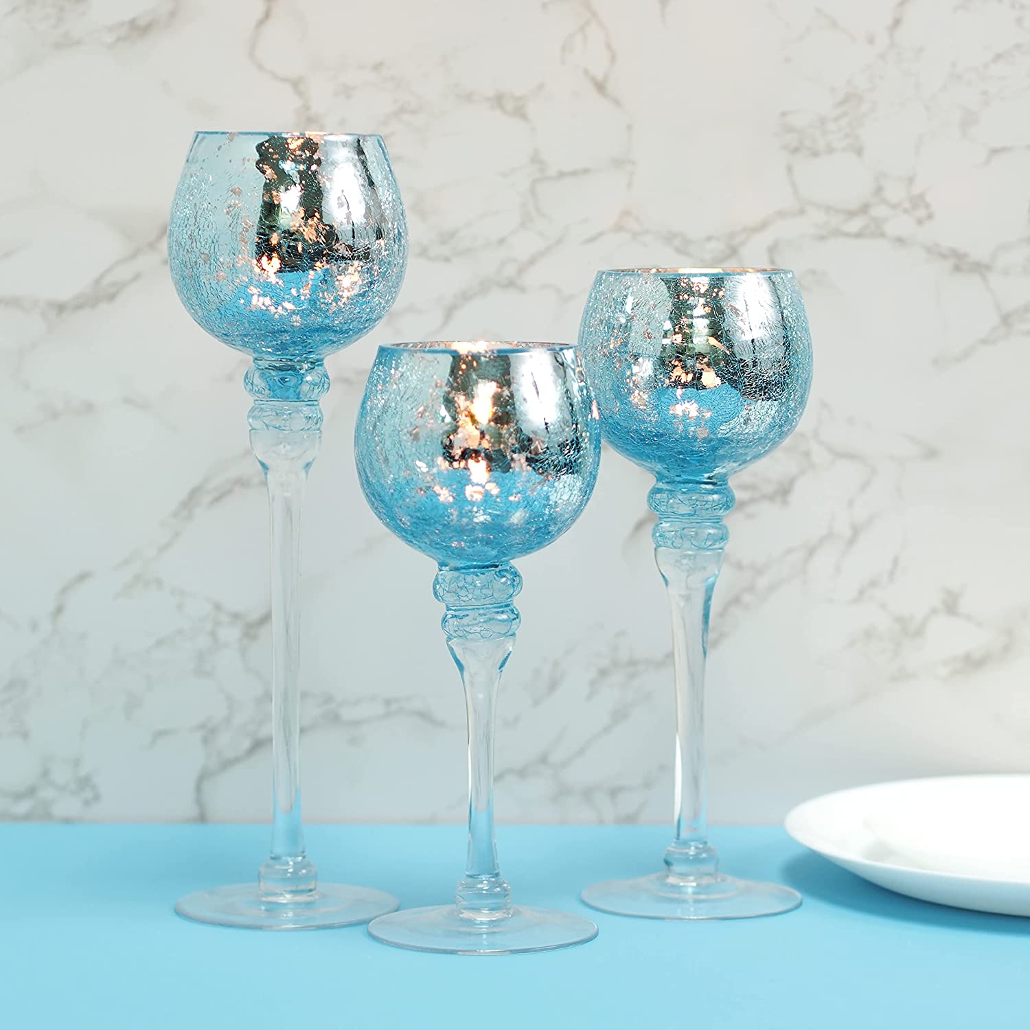 Whosale Set of 3 Xmas Candle Holders Crackle Glass Tealight with Various Color - Image 2