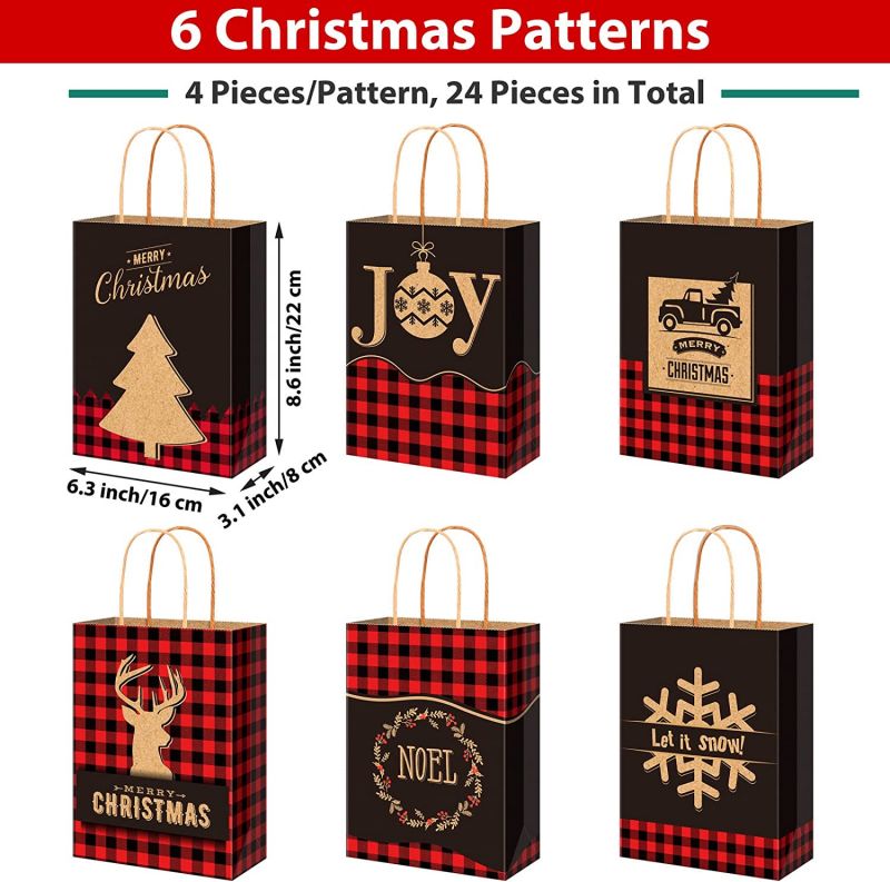 New Arrival 24pcs Kraft Christmas Gift Bags Red and Black Buffalo Plaid - Image 2
