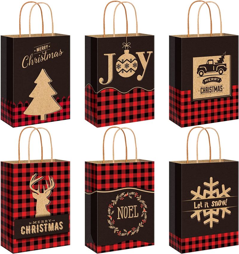 New Arrival 24pcs Kraft Christmas Gift Bags Red and Black Buffalo Plaid