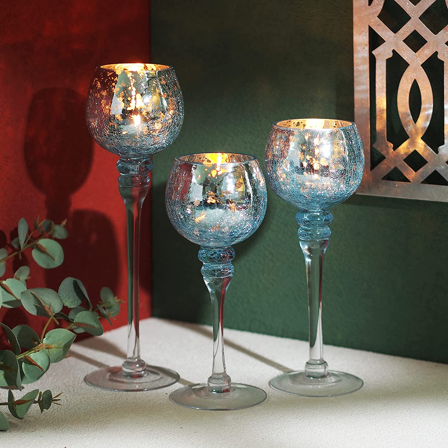 Whosale Set of 3 Xmas Candle Holders Crackle Glass Tealight with Various Color - Image 6