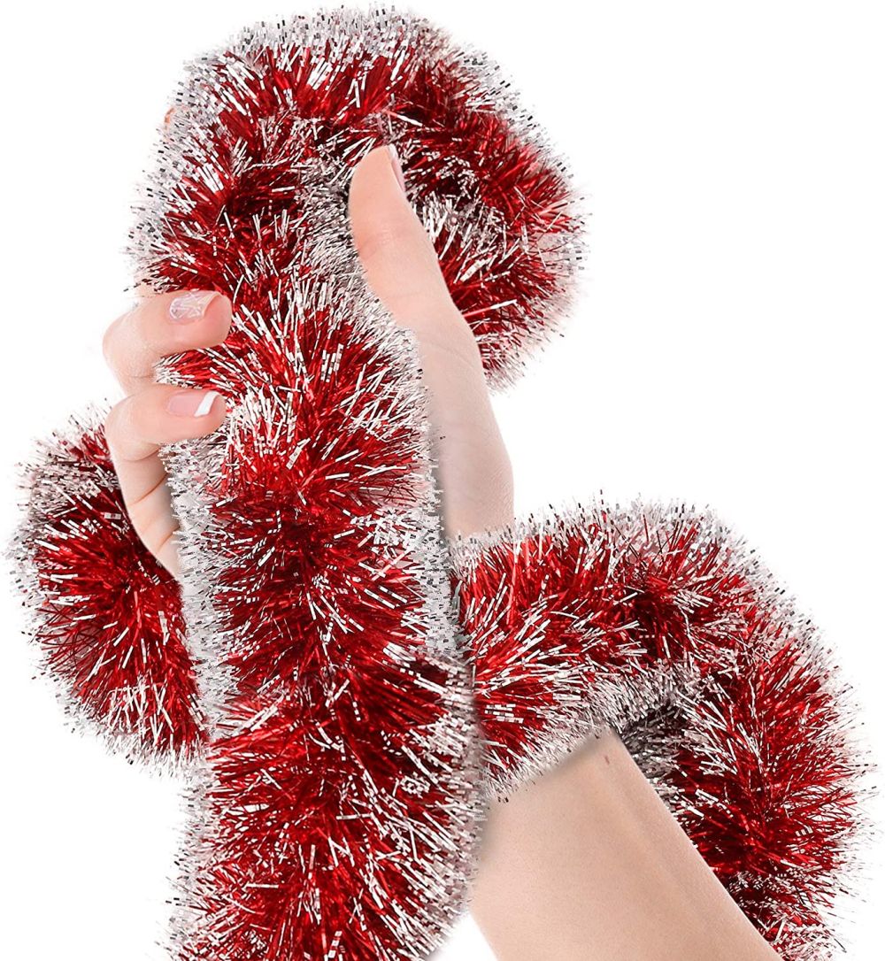 New Released 18 ft long Christmas Tinsel Garland Red Silver Metallic Streamers